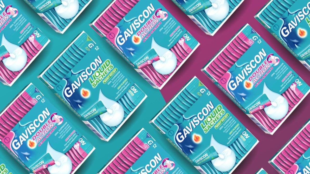 An assortnment of Gaviscon double action gut health product packages