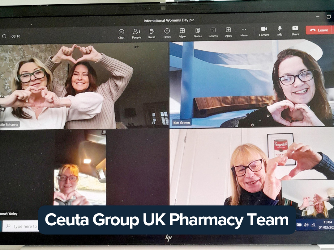 Five women from the Ceuta Group UK Pharmacy Team make a heart pose on an online Teams meeting screen.