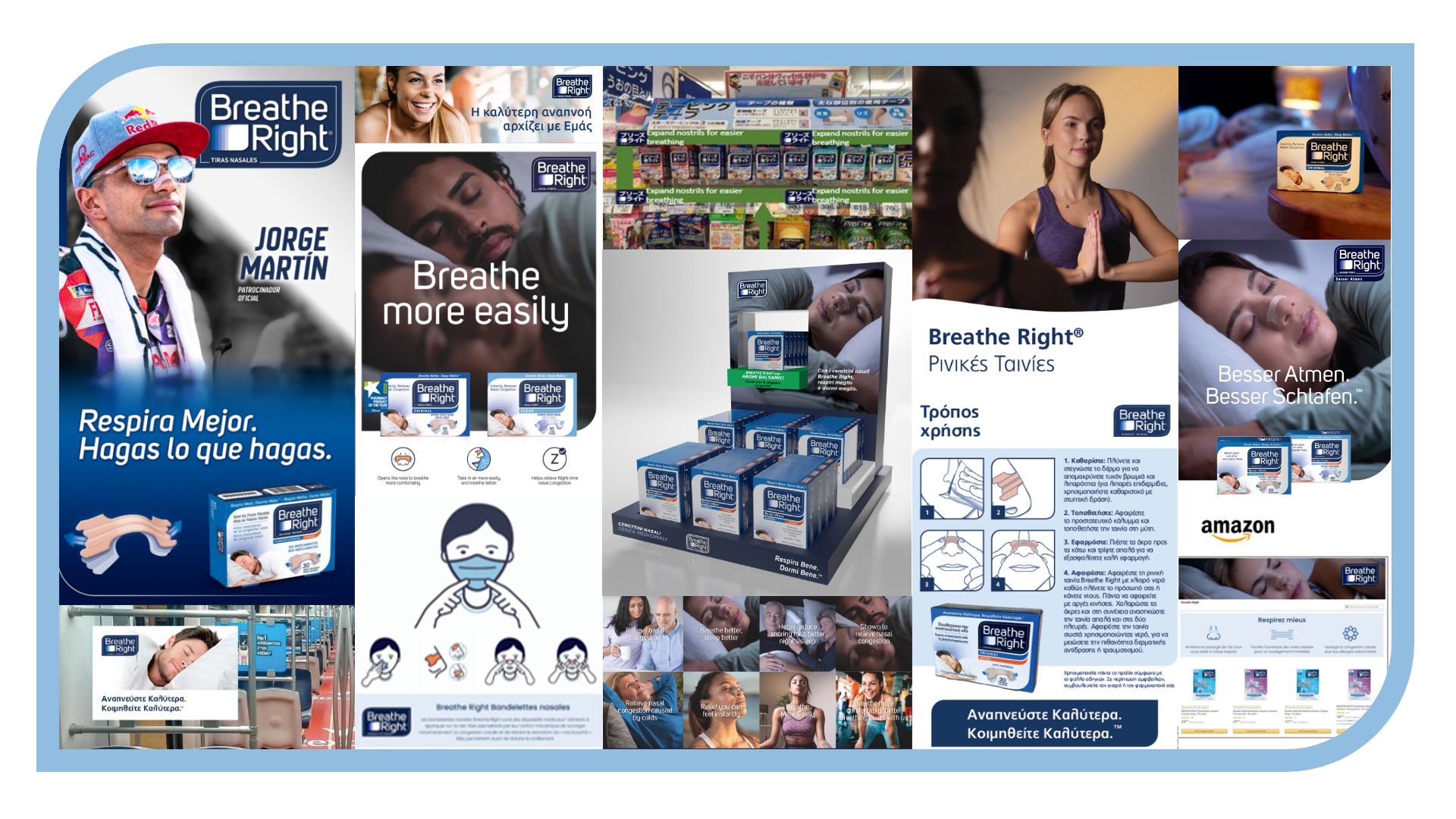 An assortment of Breathe Right nasal strip packs in different store environments across global markets